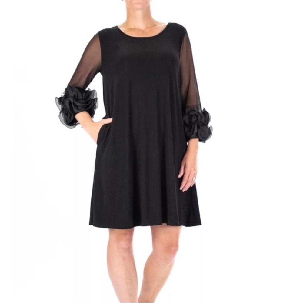 Nina Leonard Black Shift Dress with Ruffle Organza Sleeves
